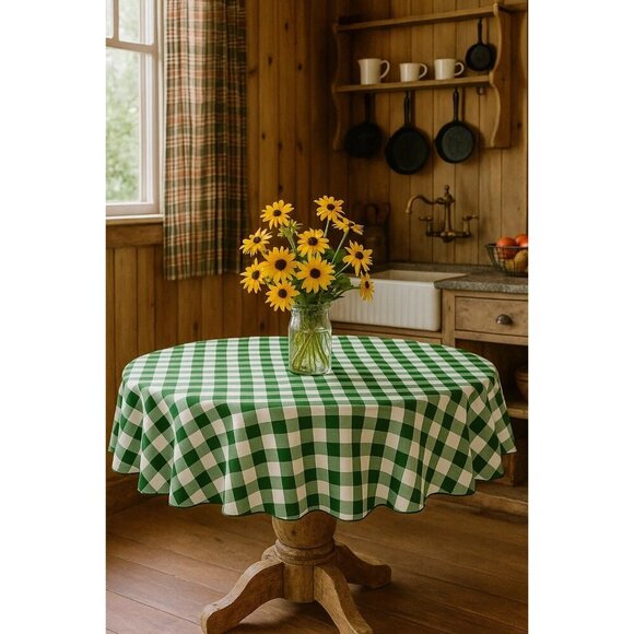 70-Inch Round Polyester Tablecloth Green & White Checker Linen Tablecloth Durabl - Picture 4 of 8